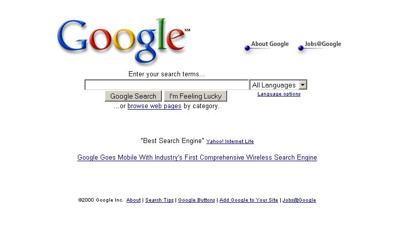 Google search homepage with a link to Jobs@Google (2000)/Source: <a href=http://blogoscoped.com>blogoscoped.com</a>